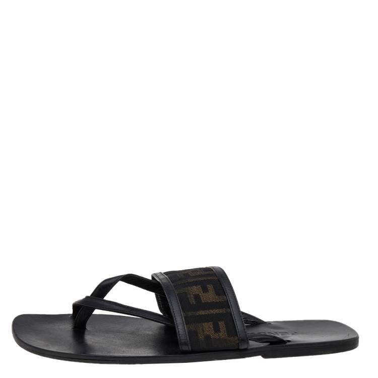 NIB Fendi Feel FF Logo Canvas Leather Brown Flat Sandals Size 36 | eBay