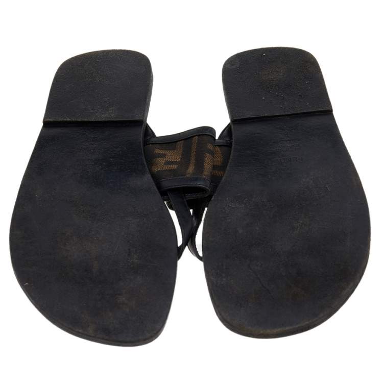 Pre Owned Fendi Black Zucca Canvas And Leather Flat Sandals Size 42