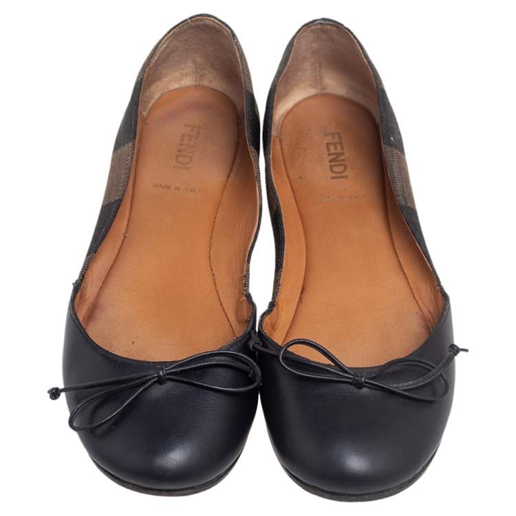 Pre Owned Fendi Brown/Black  Leather And Canvas Toe Ballet Flats Size  38