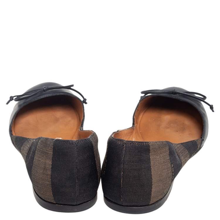 Pre Owned Fendi Brown/Black  Leather And Canvas Toe Ballet Flats Size  38