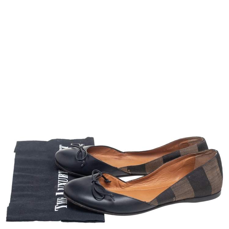 Pre Owned Fendi Brown/Black  Leather And Canvas Toe Ballet Flats Size  38