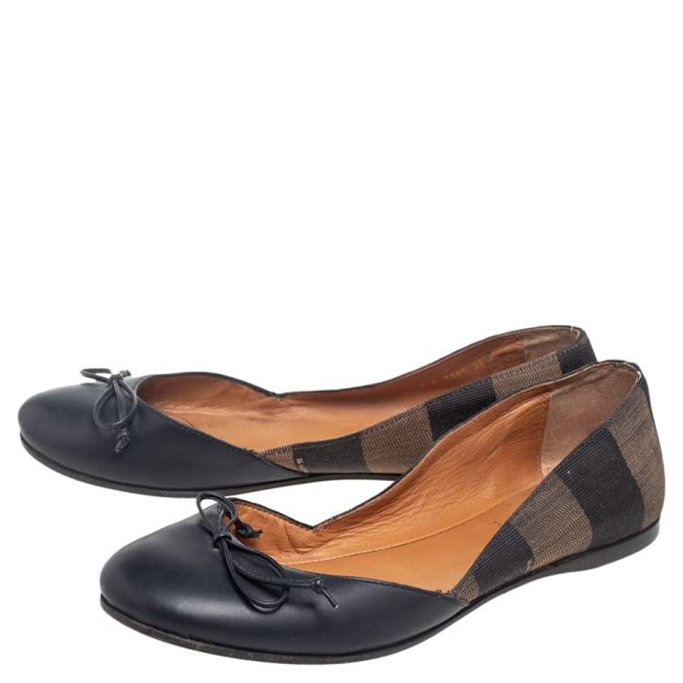 Pre Owned Fendi Brown/Black  Leather And Canvas Toe Ballet Flats Size  38