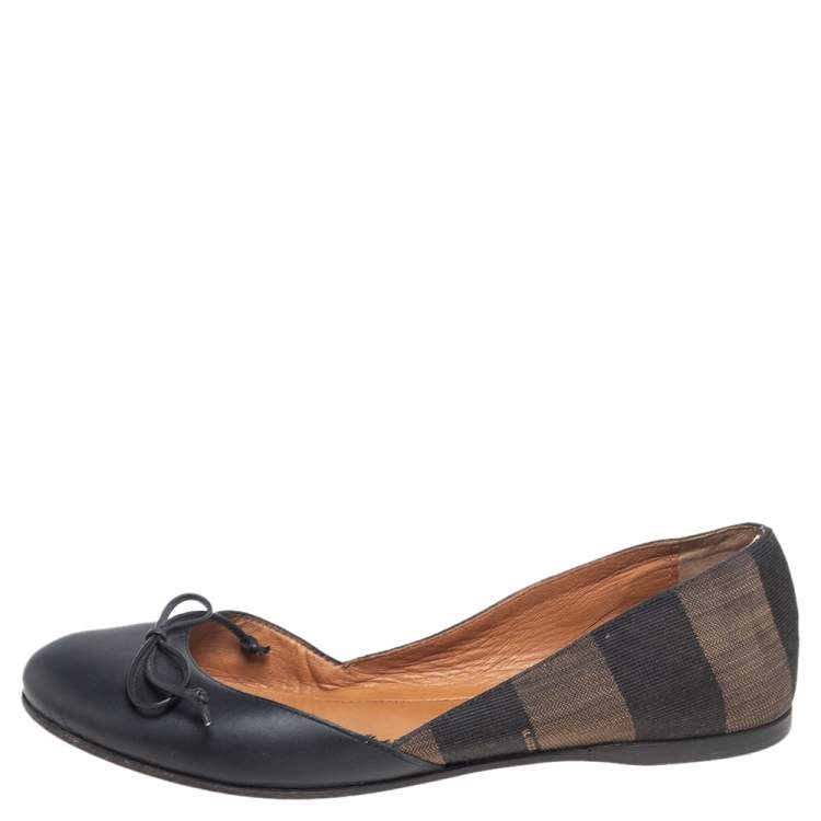 Pre Owned Fendi Brown/Black  Leather And Canvas Toe Ballet Flats Size  38
