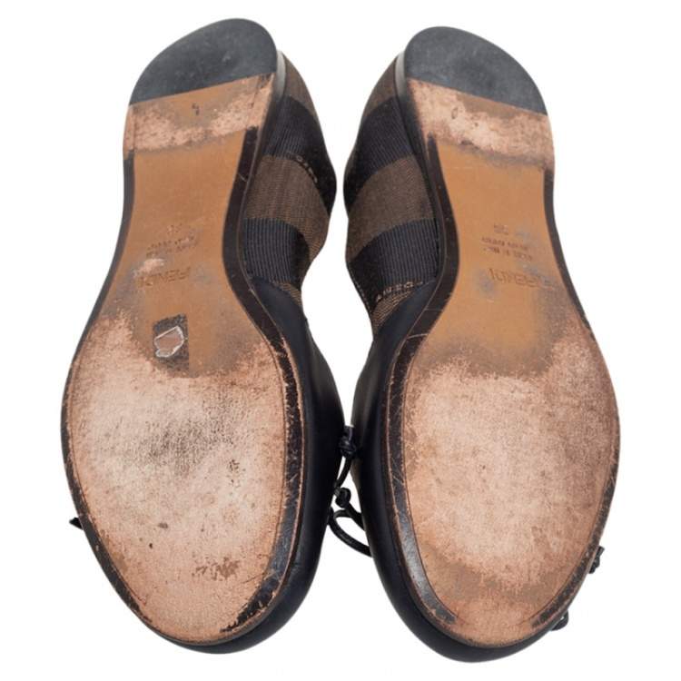 Pre Owned Fendi Brown/Black  Leather And Canvas Toe Ballet Flats Size  38