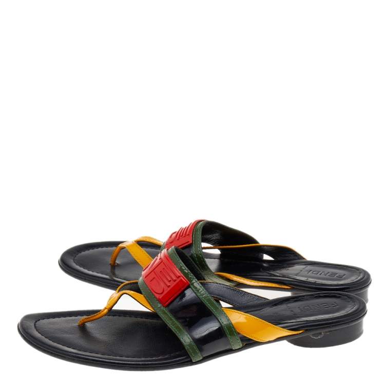 Pre Owned Fendi Multicolor Patent Leather Logo Embellished Thong Flats Size 37.5