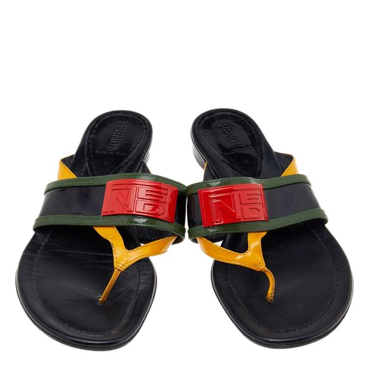 Pre Owned Fendi Multicolor Patent Leather Logo Embellished Thong Flats Size 37.5