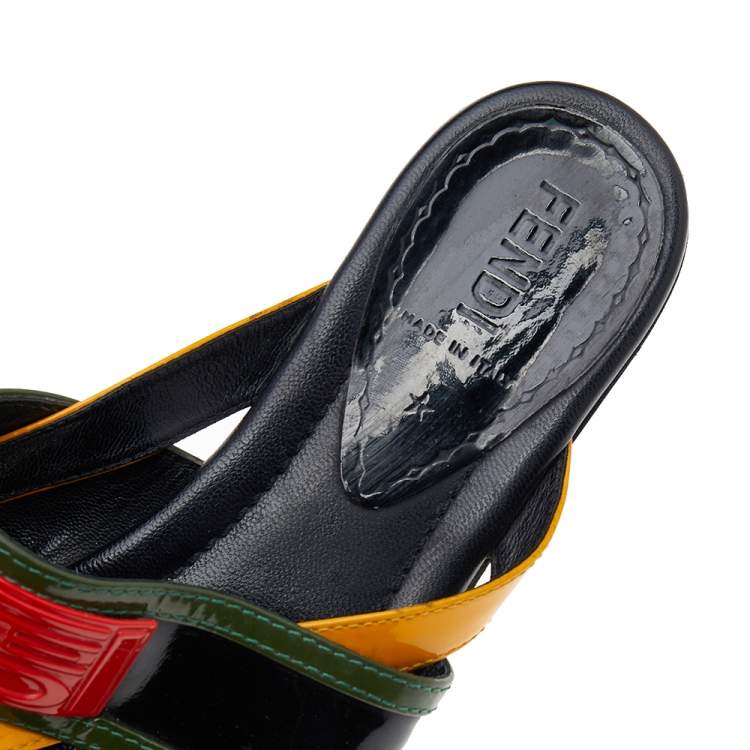 Pre Owned Fendi Multicolor Patent Leather Logo Embellished Thong Flats Size 37.5
