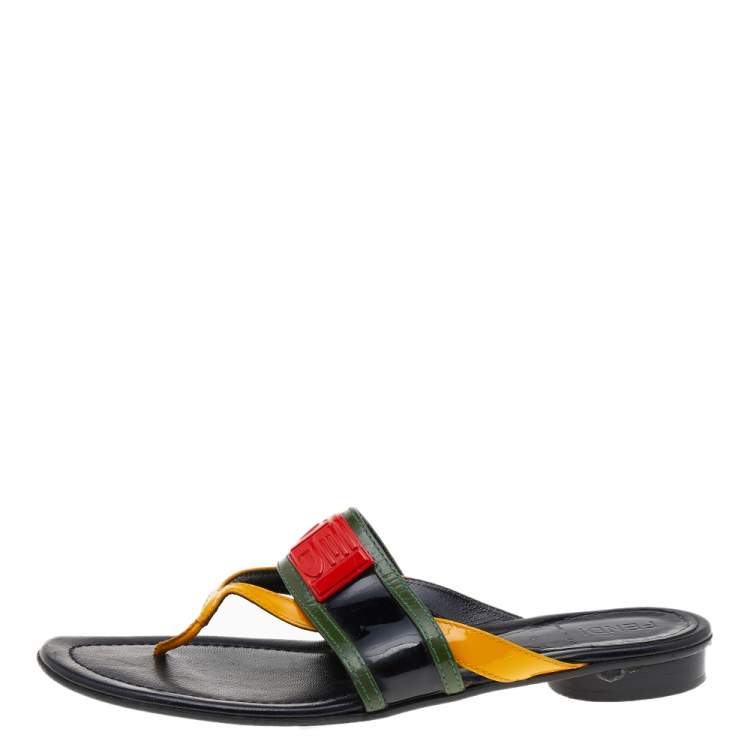 Pre Owned Fendi Multicolor Patent Leather Logo Embellished Thong Flats Size 37.5