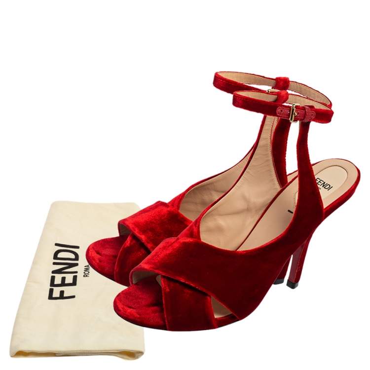 Pre Owned Fendi Red Velvet Crisscross Open Toe Ankle-Strap Sandals Size 40