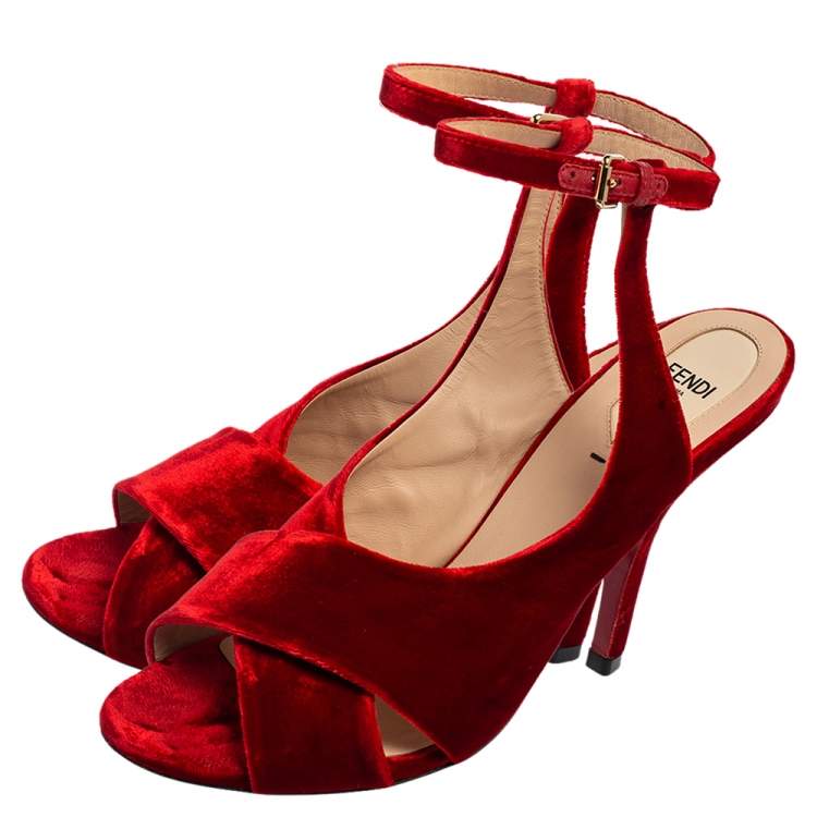 Pre Owned Fendi Red Velvet Crisscross Open Toe Ankle-Strap Sandals Size 40