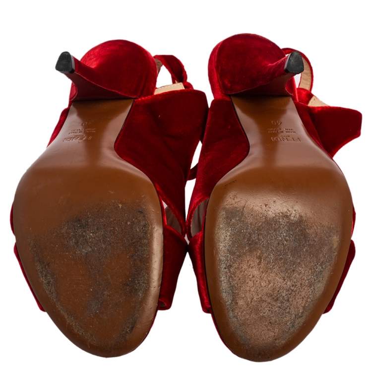 Pre Owned Fendi Red Velvet Crisscross Open Toe Ankle-Strap Sandals Size 40