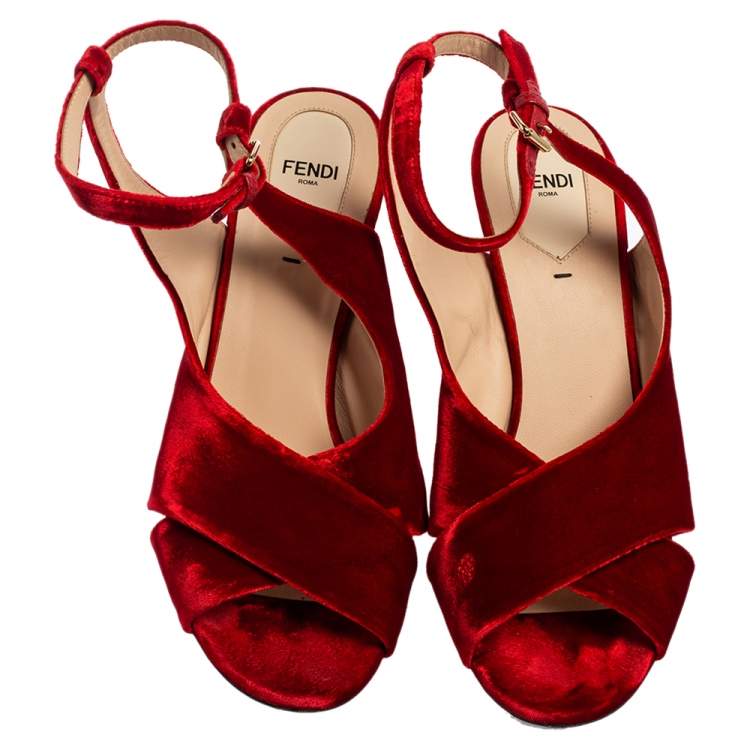 Pre Owned Fendi Red Velvet Crisscross Open Toe Ankle-Strap Sandals Size 40