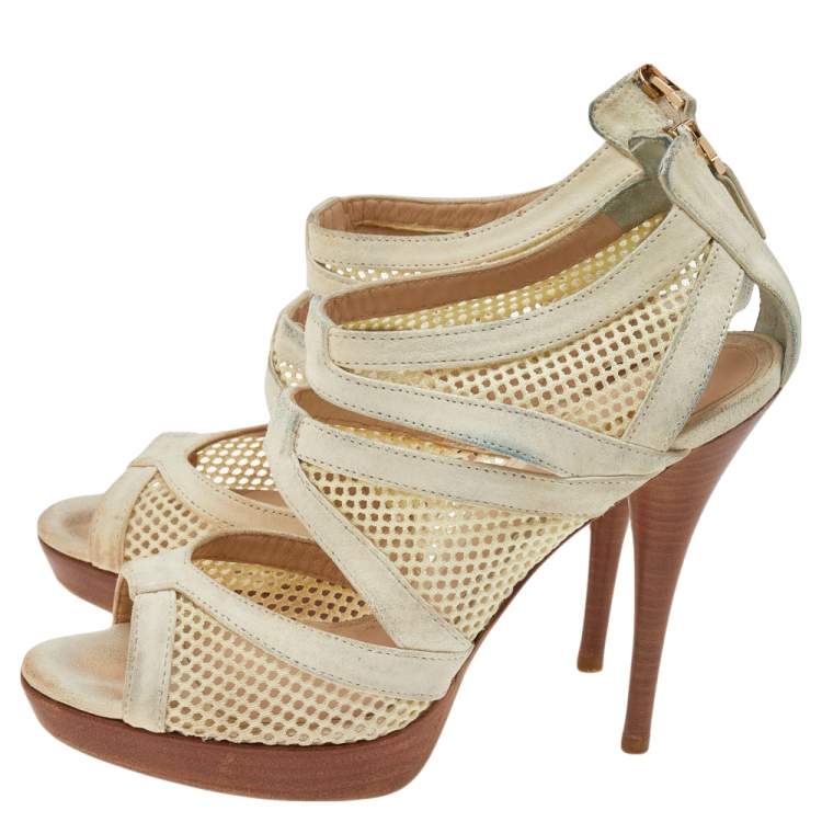 Pre Owned Fendi Off-White Suede And Mesh Cage Open-Toe Platform Sandals Size 38