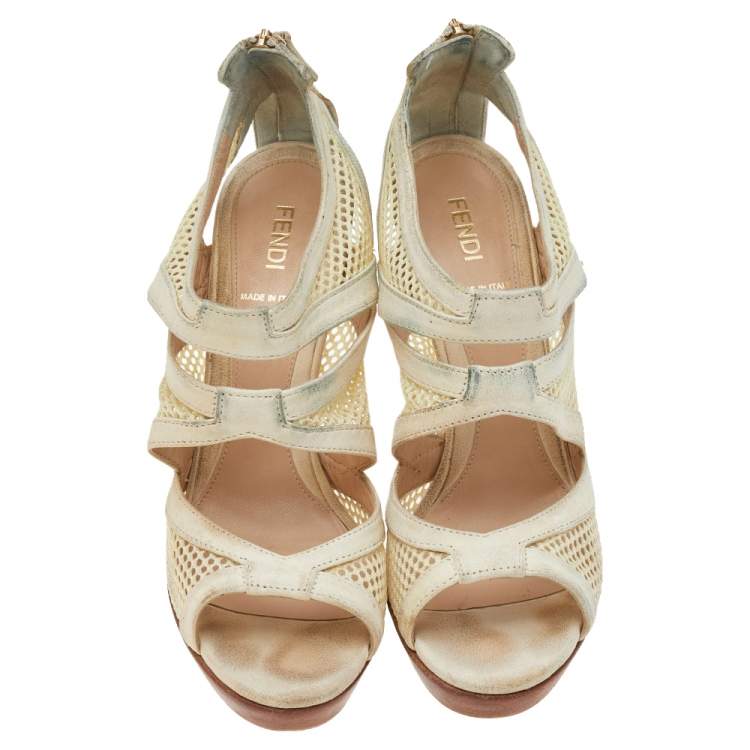 Pre Owned Fendi Off-White Suede And Mesh Cage Open-Toe Platform Sandals Size 38