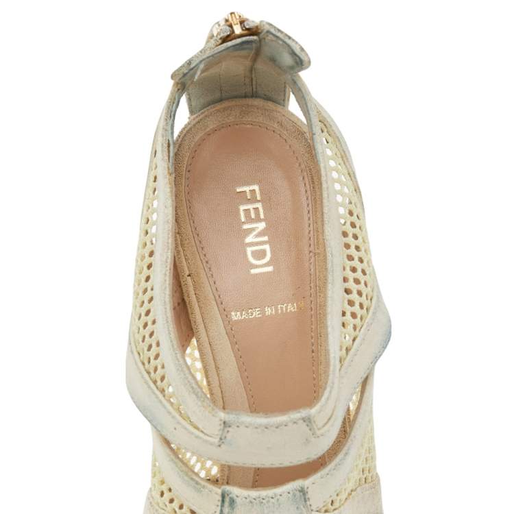 Pre Owned Fendi Off-White Suede And Mesh Cage Open-Toe Platform Sandals Size 38