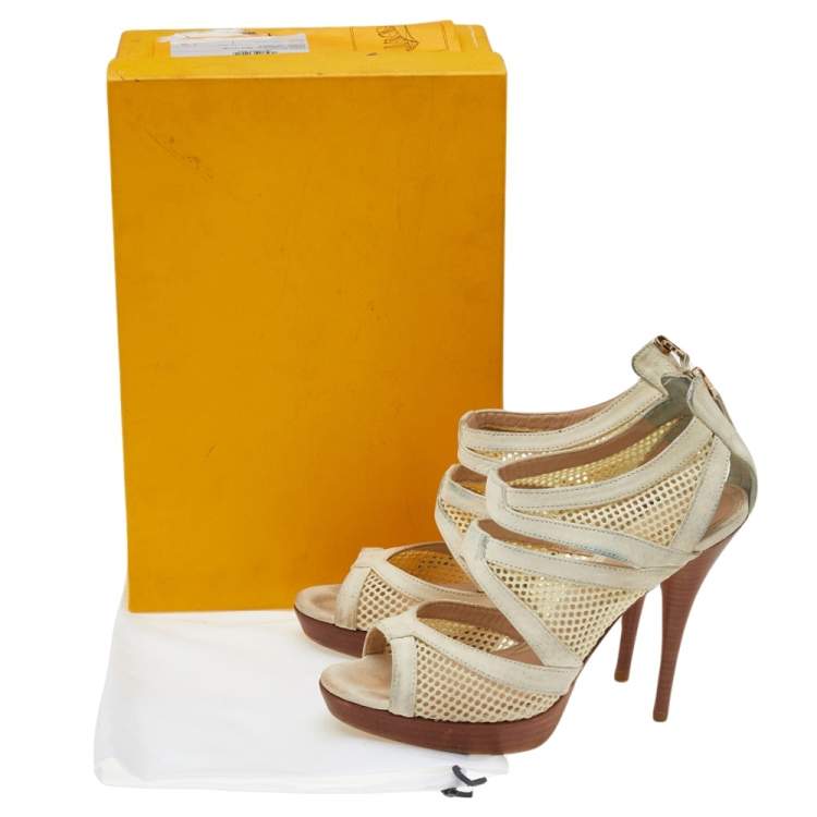 Pre Owned Fendi Off-White Suede And Mesh Cage Open-Toe Platform Sandals Size 38