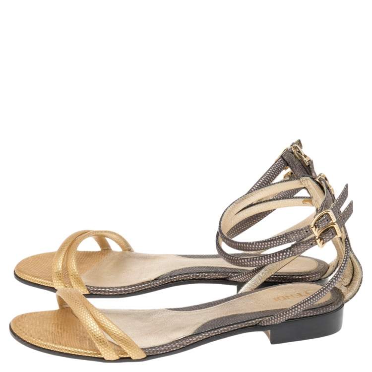 Pre Owned Fendi Multicolor Lizard Embossed Leather Ankle Strap Flat Sandals Size 36.5