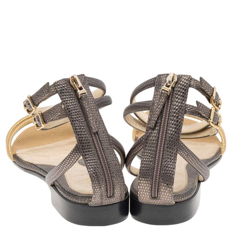 Pre Owned Fendi Multicolor Lizard Embossed Leather Ankle Strap Flat Sandals Size 36.5