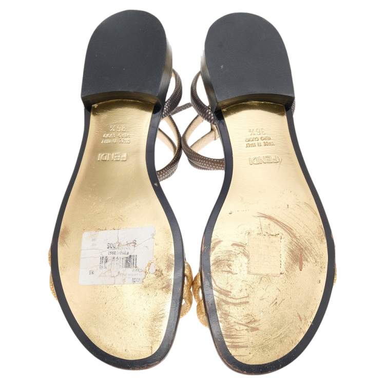 Pre Owned Fendi Multicolor Lizard Embossed Leather Ankle Strap Flat Sandals Size 36.5