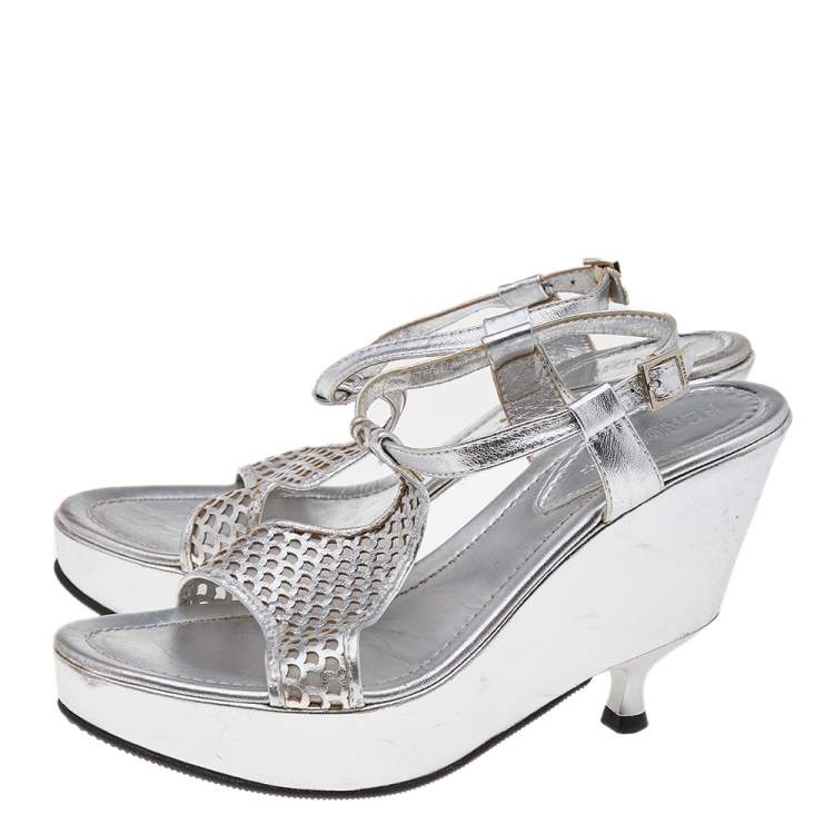 Pre Owned Fendi Silver Leather Ankle Strap Sandals Size 37