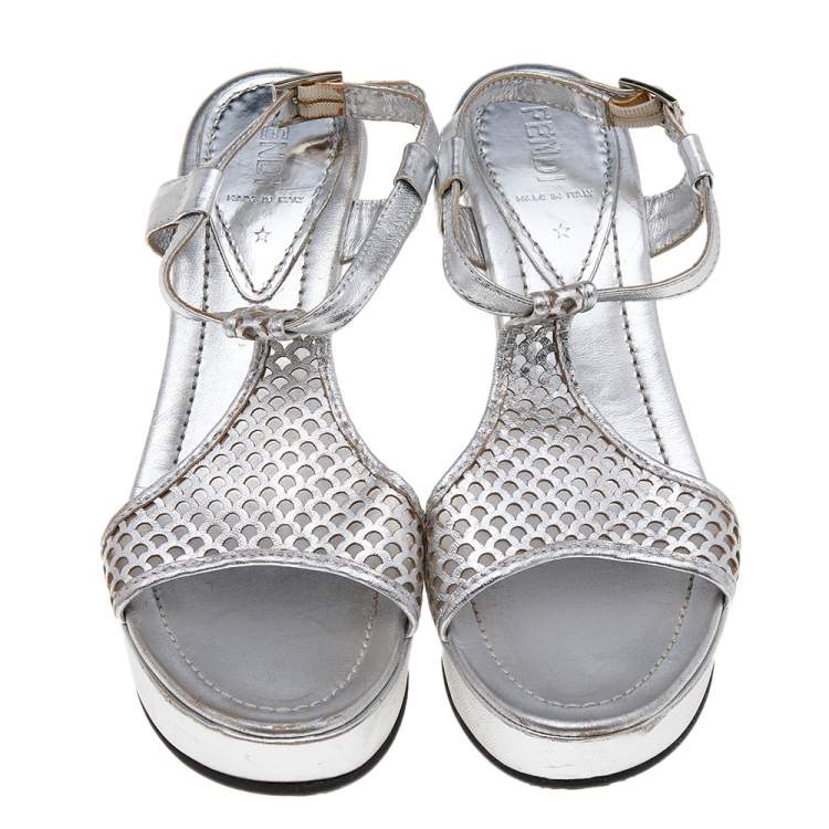 Pre Owned Fendi Silver Leather Ankle Strap Sandals Size 37