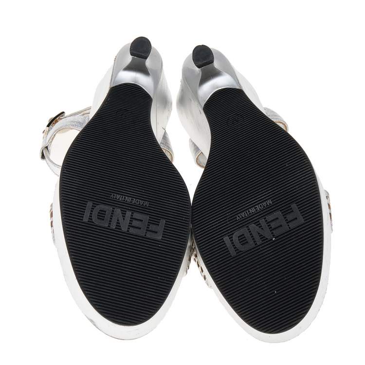 Pre Owned Fendi Silver Leather Ankle Strap Sandals Size 37