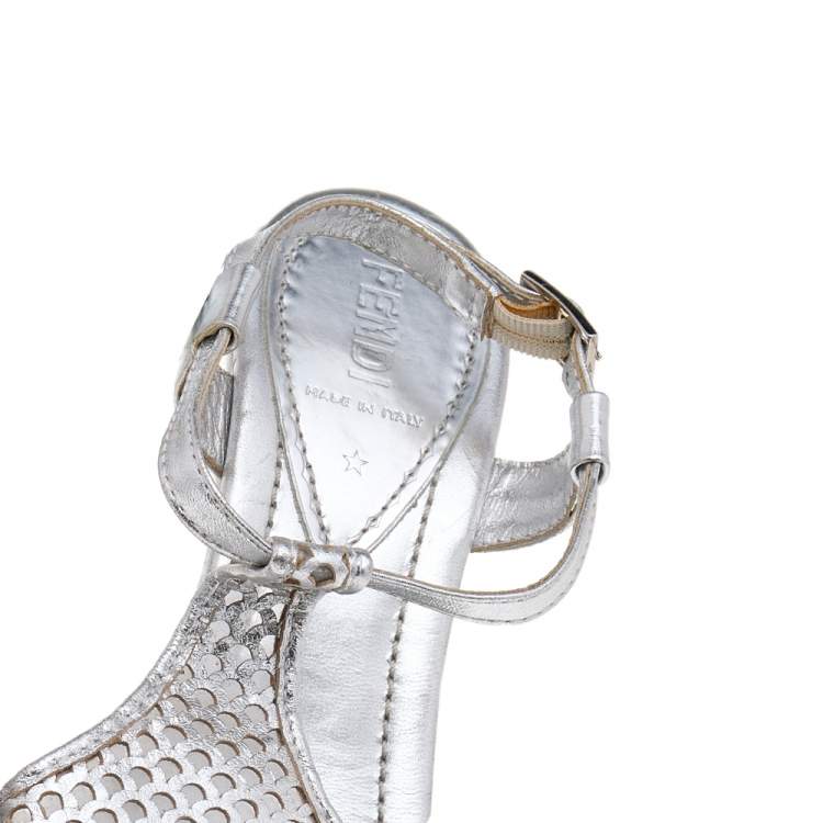 Pre Owned Fendi Silver Leather Ankle Strap Sandals Size 37
