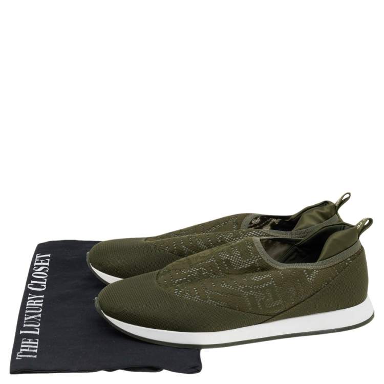 Pre Owned Fendi Green FF Vertigo Knit Fabric and Nylon Slip On Sneakers Size 39