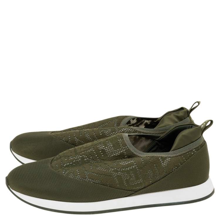 Pre Owned Fendi Green FF Vertigo Knit Fabric and Nylon Slip On Sneakers Size 39