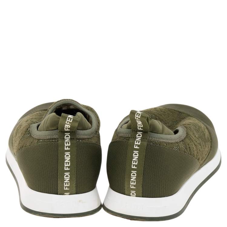 Pre Owned Fendi Green FF Vertigo Knit Fabric and Nylon Slip On Sneakers Size 39