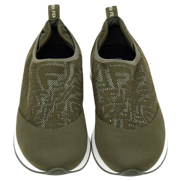 Pre Owned Fendi Green FF Vertigo Knit Fabric and Nylon Slip On Sneakers Size 39