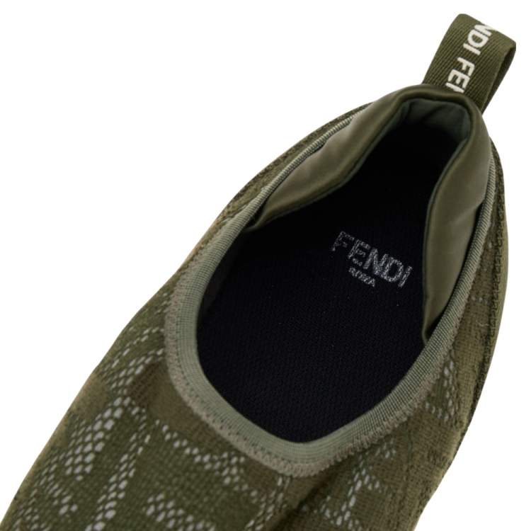 Pre Owned Fendi Green FF Vertigo Knit Fabric and Nylon Slip On Sneakers Size 39