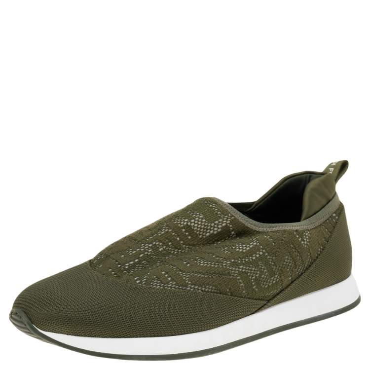 Pre Owned Fendi Green FF Vertigo Knit Fabric and Nylon Slip On Sneakers Size 39