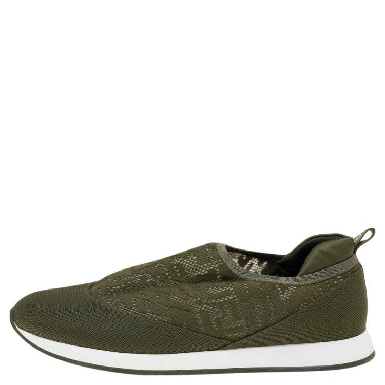Pre Owned Fendi Green FF Vertigo Knit Fabric and Nylon Slip On Sneakers Size 39