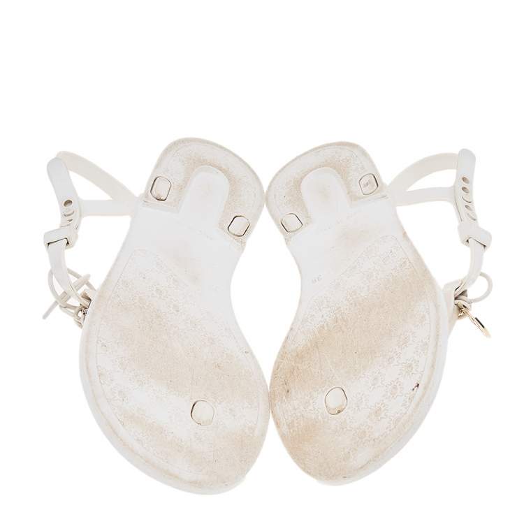 Pre Owned Fendi White Jelly Logo Charm Sunny Thong Flat Sandals Size 39