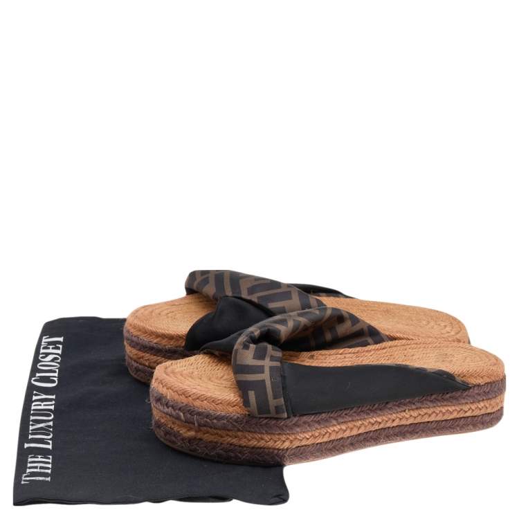 Pre Owned Fendi Black/Brown FF Satin Plateau Platform Espadrilles Sandals Size 37
