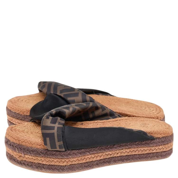 Pre Owned Fendi Black/Brown FF Satin Plateau Platform Espadrilles Sandals Size 37