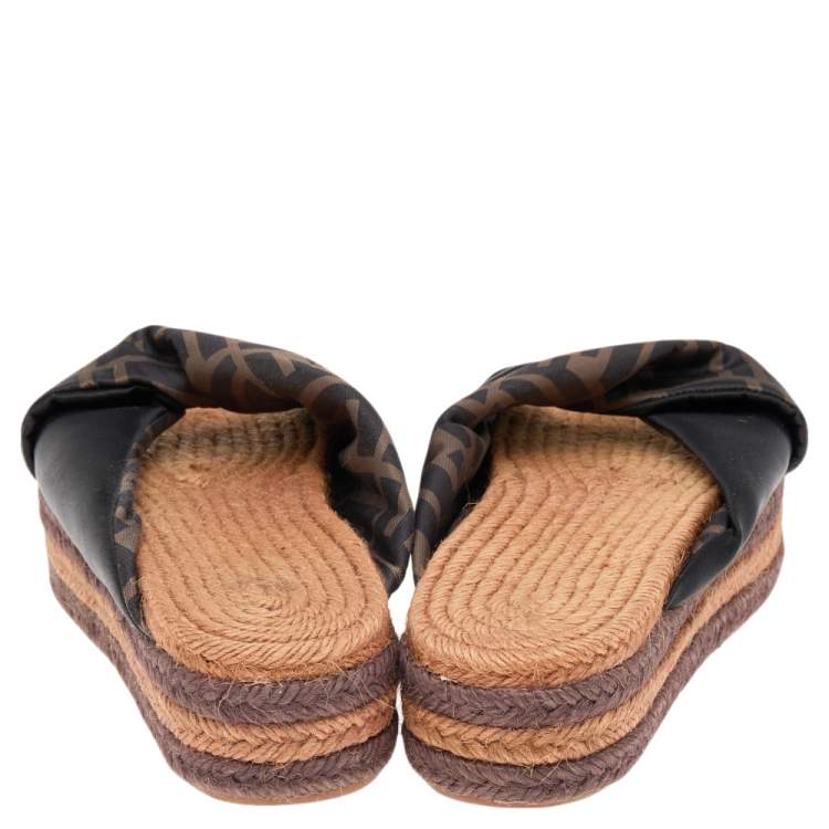 Pre Owned Fendi Black/Brown FF Satin Plateau Platform Espadrilles Sandals Size 37