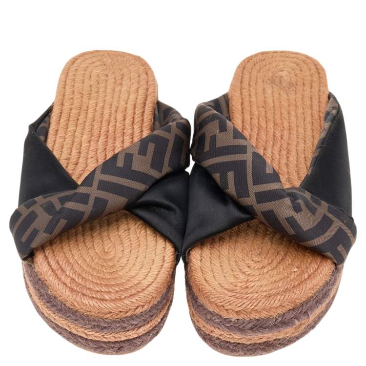 Pre Owned Fendi Black/Brown FF Satin Plateau Platform Espadrilles Sandals Size 37