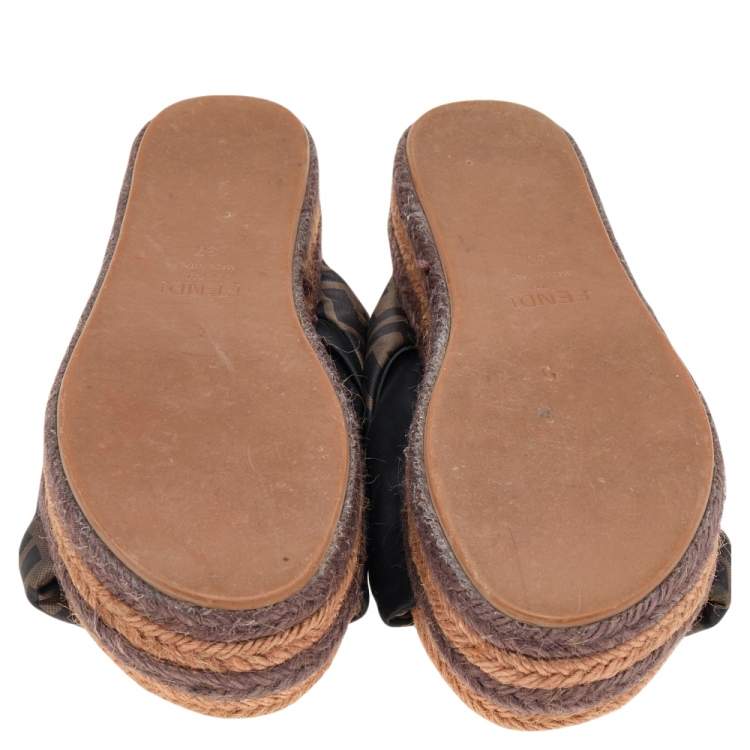 Pre Owned Fendi Black/Brown FF Satin Plateau Platform Espadrilles Sandals Size 37