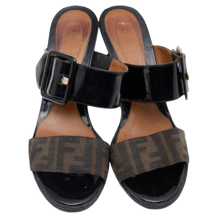 Pre Owned Fendi Black Patent Leather And FF Zucca Canvas Wedge Slide Sandals Size 39.5