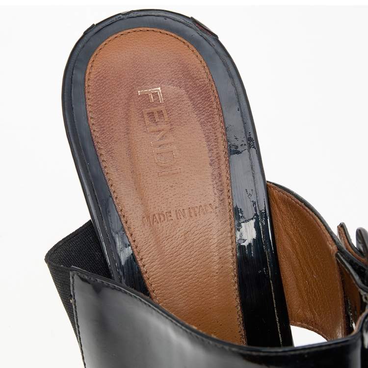 Pre Owned Fendi Black Patent Leather And FF Zucca Canvas Wedge Slide Sandals Size 39.5