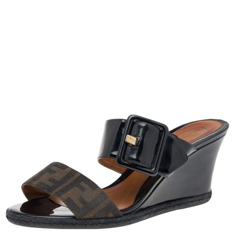 Pre Owned Fendi Black Patent Leather And FF Zucca Canvas Wedge Slide Sandals Size 39.5