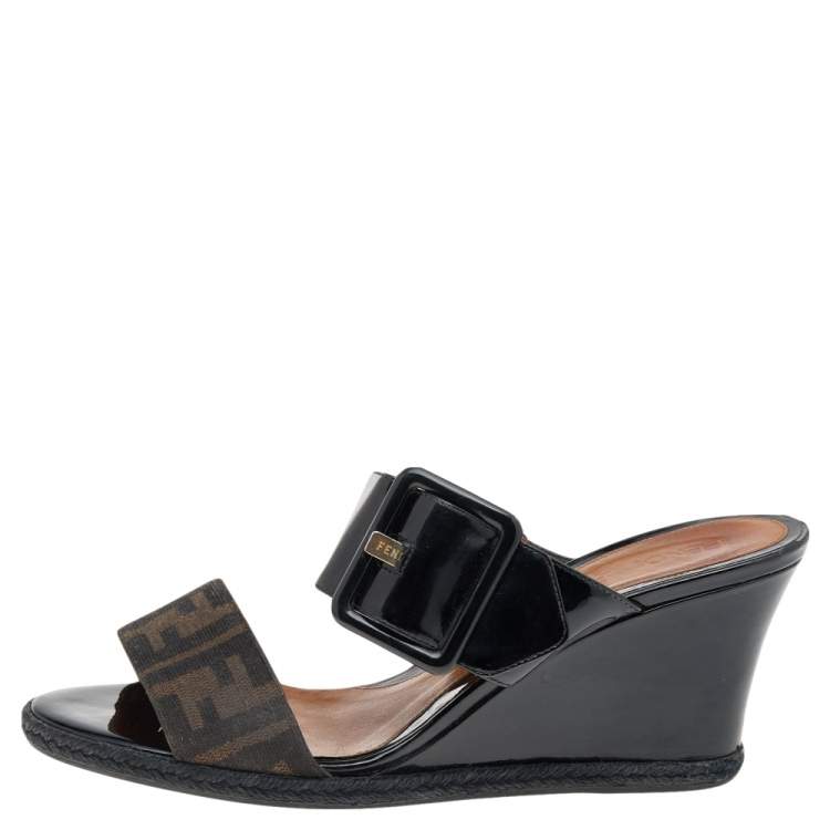 Pre Owned Fendi Black Patent Leather And FF Zucca Canvas Wedge Slide Sandals Size 39.5