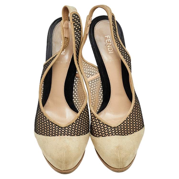 Pre Owned Fendi Beige/Black Suede And Mesh Platform Slingback Sandals Size 38
