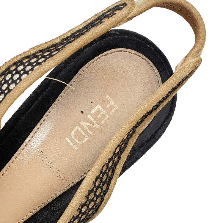 Pre Owned Fendi Beige/Black Suede And Mesh Platform Slingback Sandals Size 38