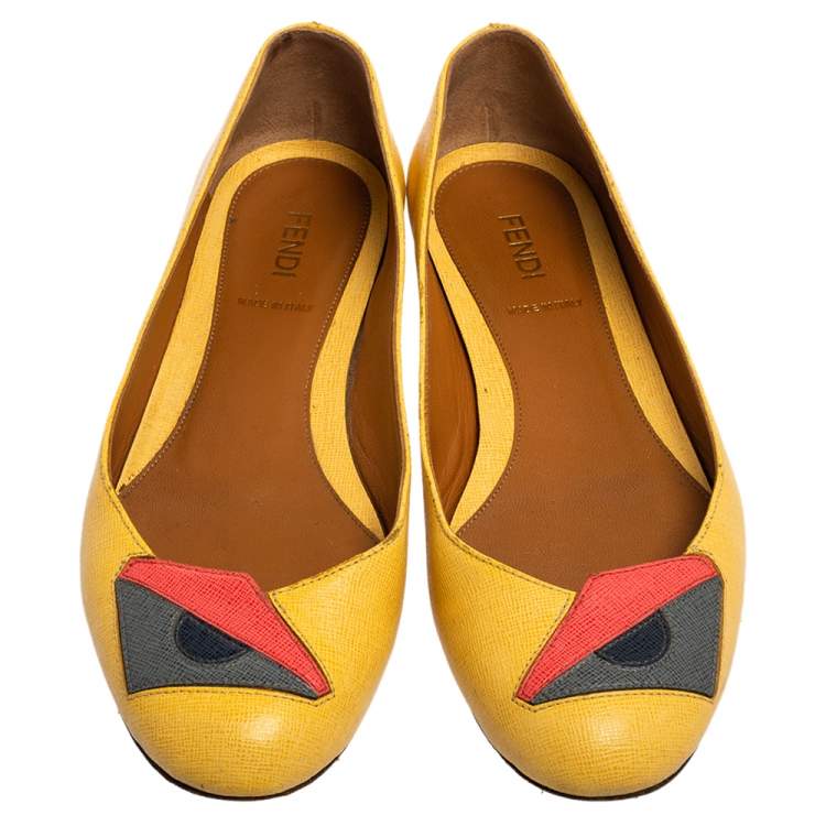 Pre Owned Fendi Yellow Leather Monster Ballet Flats Size 36