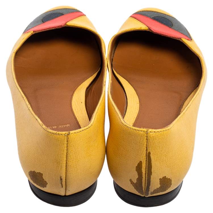 Pre Owned Fendi Yellow Leather Monster Ballet Flats Size 36