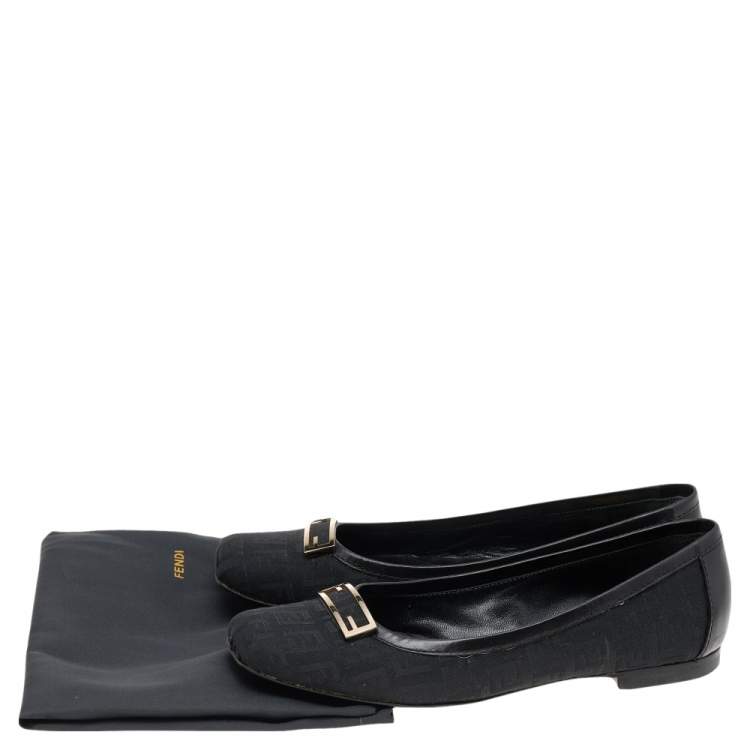 Pre Owned Fendi Black Zucca Canvas And Leather Square Toe Logo Ballet Flats Size 37