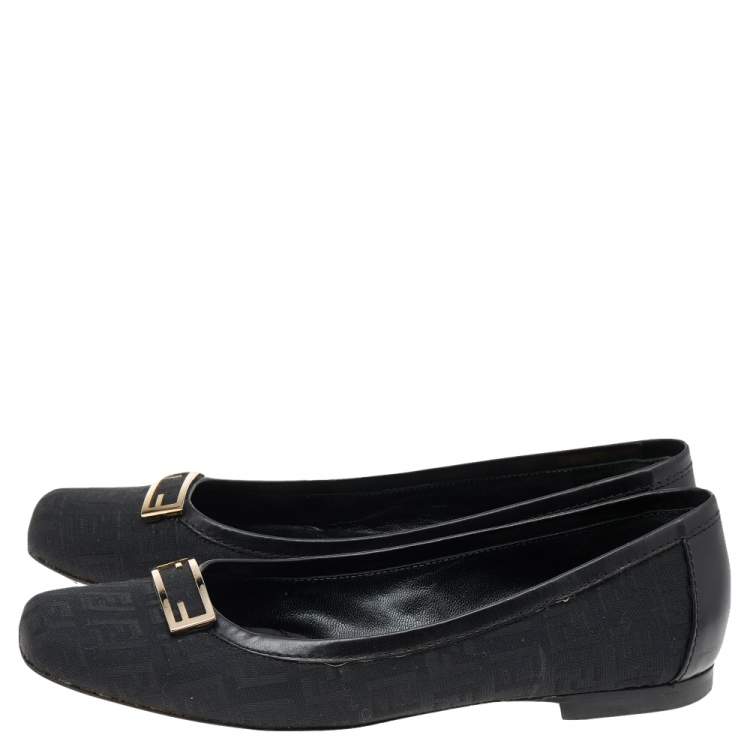 Pre Owned Fendi Black Zucca Canvas And Leather Square Toe Logo Ballet Flats Size 37